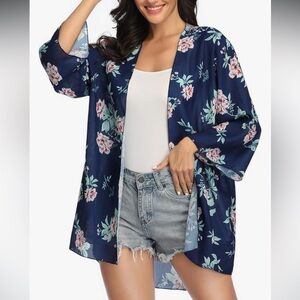 Women's 3/4 Sleeve Floral Kimono Cardigan, Sheer Loose Shawl Chiffon Cover-Up